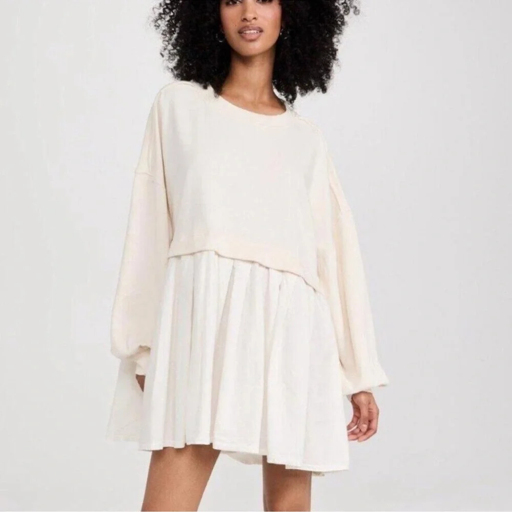 Free People Eleanor Pleated Trapeze Sweatshirt Mini Dress Size Small Oversized
